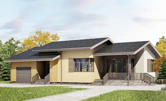 135-002-Л Проект одноэтажного дома и гаражом, недорогой загородный дом из блока Каменка | Проекты домов от House Expert