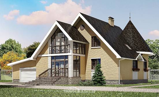 250-001-Л Проект двухэтажного дома с мансардным этажом, гараж, просторный домик из бризолита Кузнецк | Проекты домов от House Expert