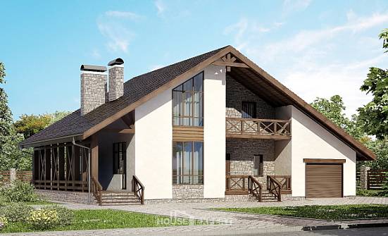 265-001-П Проект двухэтажного дома мансардой и гаражом, огромный дом из газобетона, Каменка